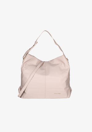 Sac à épaule en cuir beige au design souple, avec une bandoulière réglable et un logo embossé subtil. Texture lisse et contours doux.