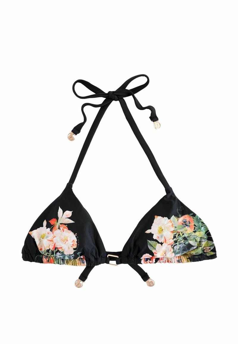 Top de bikini triunghiular negru cu imprimeu floral în alb, roz și verde. Dispune de bretele cu nod și un detaliu auriu în centrul său.