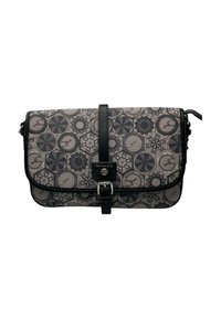 Borsa a mano rettangolare con esterno grigio e nero a motivo, rifiniture in pelle nera, chiusura con fibbia e tracolla.
