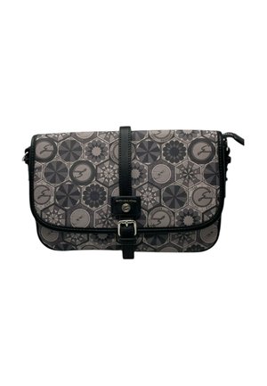 Borsa a mano rettangolare con esterno grigio e nero a motivo, rifiniture in pelle nera, chiusura con fibbia e tracolla.