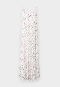 Blommig maxiklänning med tunna axelremmar, vit tyg med rosa och blå blommor samt en flerlagers volangneddel. Lättviktigt bomullsmaterial.