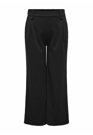 Black wide-leg trousers made of smooth fabric. Features a high waist with two decorative buttons and front pleats. No pockets visible.