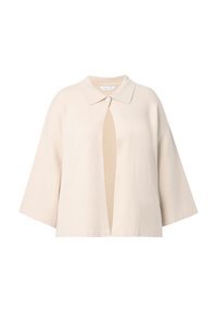 Jasno-beżowa, oversize bluzka z kołnierzykiem, z wycięciem z przodu. Miękka tekstura i szerokie rękawy, wykonana z lekkiego materiału.
