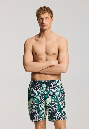 Muž bez košele s prekríženými rukami, oblečený v zeleno-modro-bielych vzorovaných plavkách, stojaci pred jednofarebným svetlým pozadím.