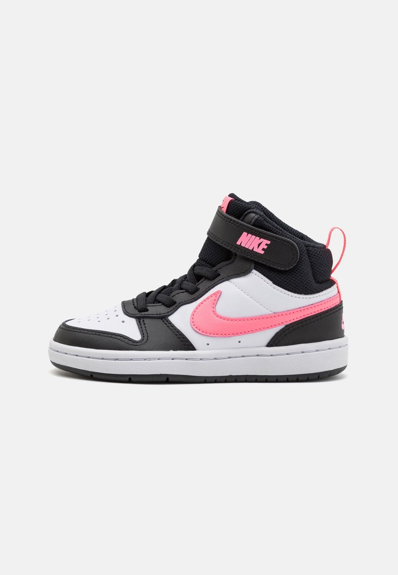 Nike high-top sneaker featuring a white, black, and pink color scheme, leather and mesh materials, adjustable strap, and perforated toe.