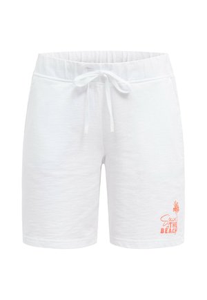 Weiße Freizeithose mit elastischem Bund und Kordelzug, mit kleinem orangefarbenem Text und Palmen-Grafik am linken Bein.
