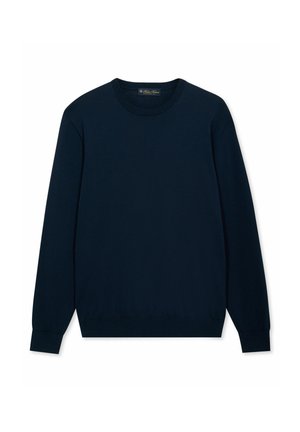 Granatowy sweter z długim rękawem i okrągłym dekoltem, z prążkowanymi mankietami i dołem, prezentowany na białym tle.