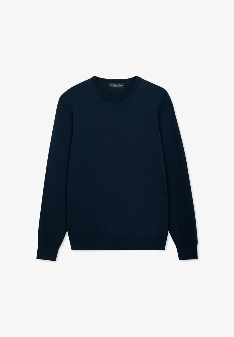 Navyblauwe trui met lange mouwen en ronde hals, voorzien van geribde boorden en zoom, weergegeven tegen een witte achtergrond.