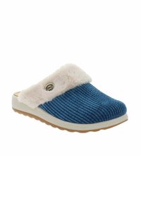 Zapatilla de terciopelo azul con un cuello de piel sintética blanca, punta redondeada y suela ligera con un diseño texturizado y acento metálico.