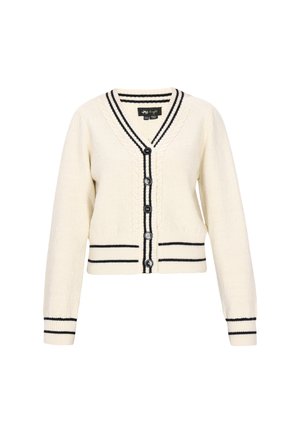 Cardigan tricotat crem cu borduri și nasturi negri, având un guler în formă de V și un model cu cabluri de-a lungul liniei de nasturi și guler.