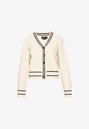 Roomwitte gebreide cardigan met zwarte bies en knopen, voorzien van een V-hals en kabelpatroon langs de knopenlijn en de halslijn.