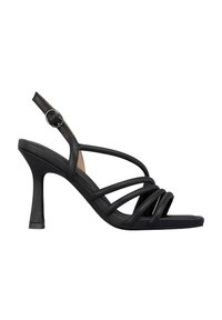 Schwarze Riemchensandalen mit elegantem Design, ausgestattet mit einem verjüngten Absatz und verstellbarem Knöchelriemen. Glatte Lederoberfläche, offenes Zehen-Design.