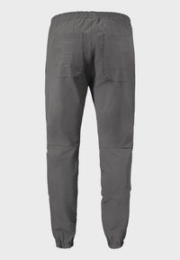 Graue, leichte Hose mit elastischem Bund, zwei Gesäßtaschen und schmal zulaufenden Bündchen; glatte Textur und minimalistisches Design.
