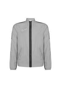 Veste GrayNike avec fermeture éclair à l'avant, poches latérales, poignets élastiques et accents noirs sur les épaules. Présente un logo blanc discret.