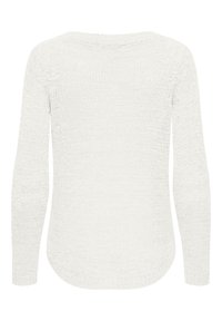 Maglione bianco lavorato a maglia con maniche lunghe, collo rotondo e vestibilità comoda. La texture è leggermente traforata con una finitura liscia.