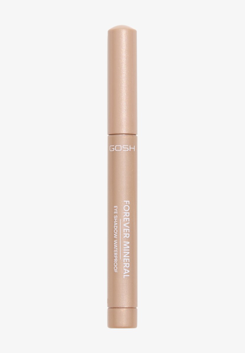 Guld-färgad ögonskuggepenna med twist-up applicator. Har en jämn, glänsande konsistens och är märkt "GOSH FOREVER MINERAL EYE SHADOW WATERPROOF."
