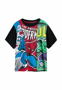 T-shirt featuring Marvel comic characters, predominantly red, blue, green, and black. Short sleeves, crew neck, with graphic prints and patterns.