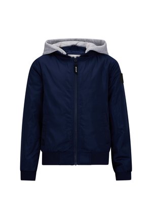 Marineblauer Bomberjacke mit grauem Kapuzen. Mit einem Reißverschluss vorne, elastischen Bündchen, Seitentaschen und einem schwarzen Logo-Patch auf einem Ärmel. Aus weichem Stoff.