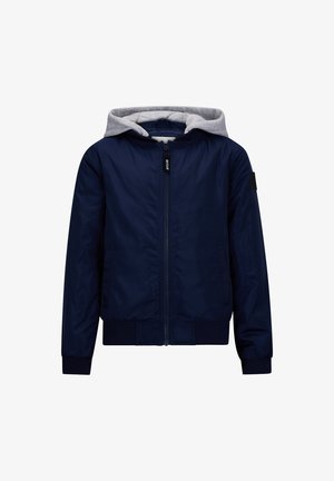 Marineblauer Bomberjacke mit grauem Kapuzen. Mit einem Reißverschluss vorne, elastischen Bündchen, Seitentaschen und einem schwarzen Logo-Patch auf einem Ärmel. Aus weichem Stoff.