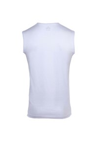 White sleeveless cotton T-shirt with a round neckline, featuring a smooth texture and a simple, unembellished design.