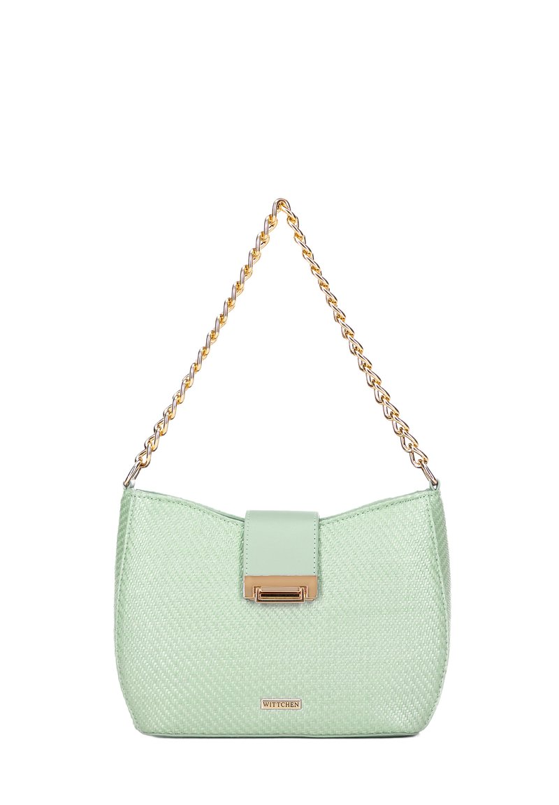 Sac en bandoulière en vert menthe texturé avec une chaîne en or et un fermoir rectangulaire en or, marqué Wittchen sur le devant.