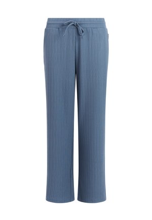 Lichtblauwe, wijde broek met een geribbelde, gestructureerde stof. Voorzien van een elastische tailleband met een trekkoord voor een verstelbare pasvorm.