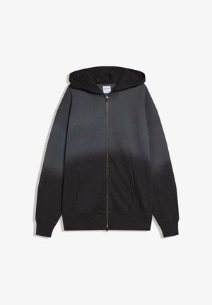 Sweat à capuche zippé noir avec poches avant et poignets côtelés, posé à plat sur un fond blanc.