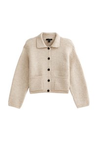 Cardigan beige en tricot avec des boutons, à manches longues, deux poches avant et un col, fabriqué à partir d'un tissu en laine côtelé.