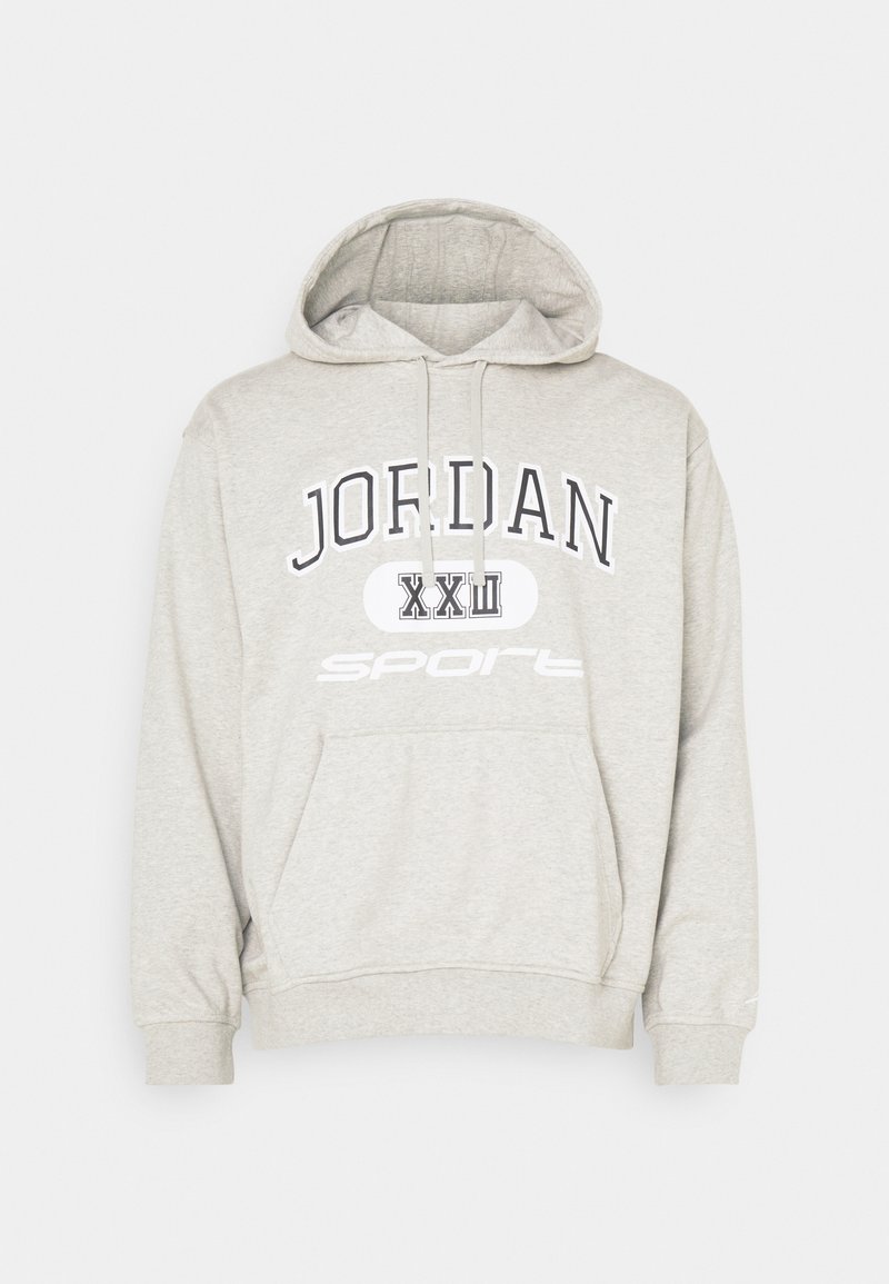 Hellgrauer Hoodie mit Kapuze, vorderer Tasche, schwarzer Schrift "JORDAN XXII" und "sport" in Weiß; Baumwollmaterial mit lässiger Passform.