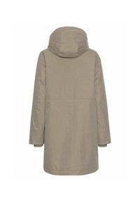 Beige, wasserdichter Parka mit Kapuze. Er hat einen geraden Schnitt, lange Ärmel und einen glatten, strukturierten Stoff. Die Rückansicht zeigt keine sichtbaren Akzente.