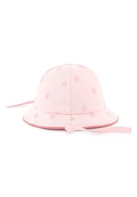 Chapeau seau rose en tissu doux, avec un motif de logo sur toute la surface, un large bord et des cordons ajustables pour un maintien sécurisé.