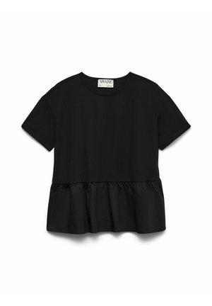 Blouse noire à manches courtes avec col rond et ourlet basque froncé, présentant un contraste de tissu entre la partie supérieure et la partie inférieure.