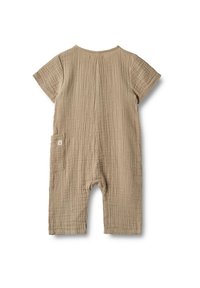 Beige short-sleeve textured romper with a small side pocket, designed for infants or toddlers, displayed flat on a white background.