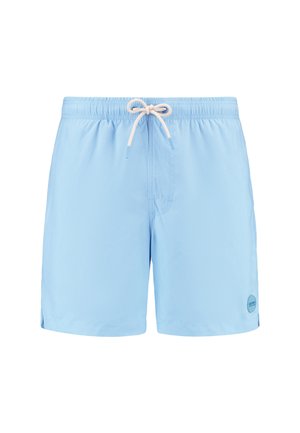 Lyseblå badeshorts lavet af letvægtsstof, med en elastisk talje og snøre, sideslidser og et logopatch.
