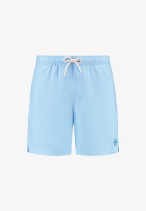 Lichtblauwe zwembroek van lichtgewicht stof, met een elastische tailleband met een trekkoord, zijsplitten en een logo-patch.