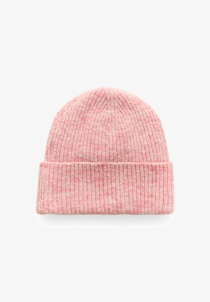 Soft pink knitted beanie hat with ribbed texture and folded cuff on a white background.