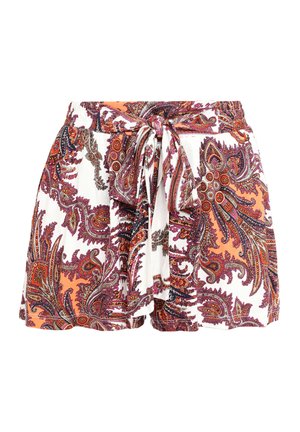 Multicolored paisley-patterned shorts in lightweight fabric with an elastic waistband and front tie detail. Colors include white, orange, and purple.