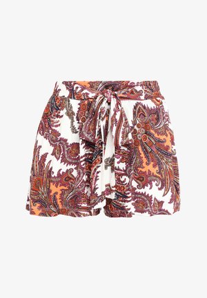 Multicolored paisley-patterned shorts in lightweight fabric with an elastic waistband and front tie detail. Colors include white, orange, and purple.