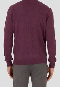 Homme portant un pull prune à manches longues et un pantalon gris, de dos, les mains détendues sur les côtés, sur un fond clair uni.