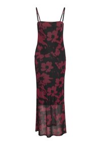 Tailliertes, ärmelloses Kleid aus durchscheinendem schwarzem Stoff mit burgunderfarbenem Blumenmuster; gerader Schnitt; knöchellang mit einem leichten Saumdetail.