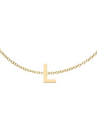 Aukso grandinėlės apyrankė su didžiuoju raide „L“ pakabuku. Grandinėlė yra plona, su jungtimis, suformuojančiomis subtilų dizainą.