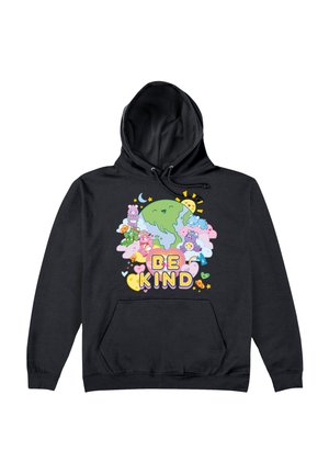 Czarna hoodies z kolorowym graficznym wzorem przedstawiającym glob, postacie oraz tekst "BĄDŹ ŻYCZLIWY" napisany pogrubioną czcionką, umieszczony na środku przodu.