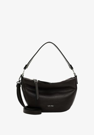 Czarna skórzana torebka na ramię o zaokrąglonym kształcie, z krótkim uchwytem, regulowanym paskiem, zamknięciem na zamek oraz srebrnymi akcentami.