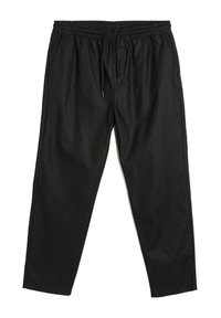 Zwarte joggers van een katoenmix met een trekkoord in de taille, elastische boorden en twee zijzakken. Soepele textuur met een eenvoudig ontwerp.