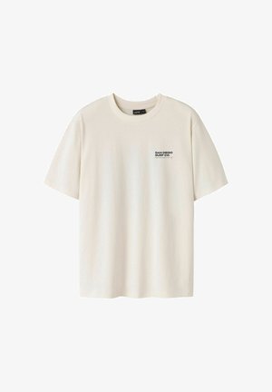 Off-white kortærmet T-shirt med rund halsudskæring og lille sort tekst "San Diego Surf Co." på venstre bryst.