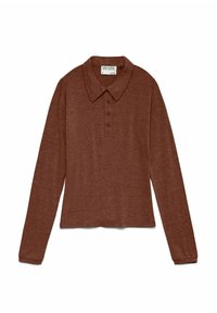 Koszula polo z długimi rękawami w kolorze rdzy, wykonana z miękkiego materiału, z wyłogowym kołnierzykiem, z trzema guzikami i luźnym krojem.