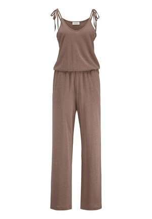 Brauner ärmelloser Overall mit verstellbaren Trägerbändern, V-Ausschnitt, elastischem Taillenbund und geraden, weiten Beinen.