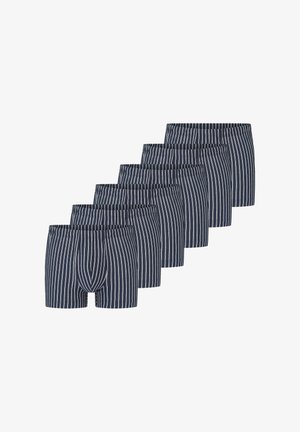 Herenboxershorts in marineblauw met verticale witte strepen, voorzien van een elastische tailleband en gemaakt van een zachte katoenmengeling. Zes paar weergegeven.