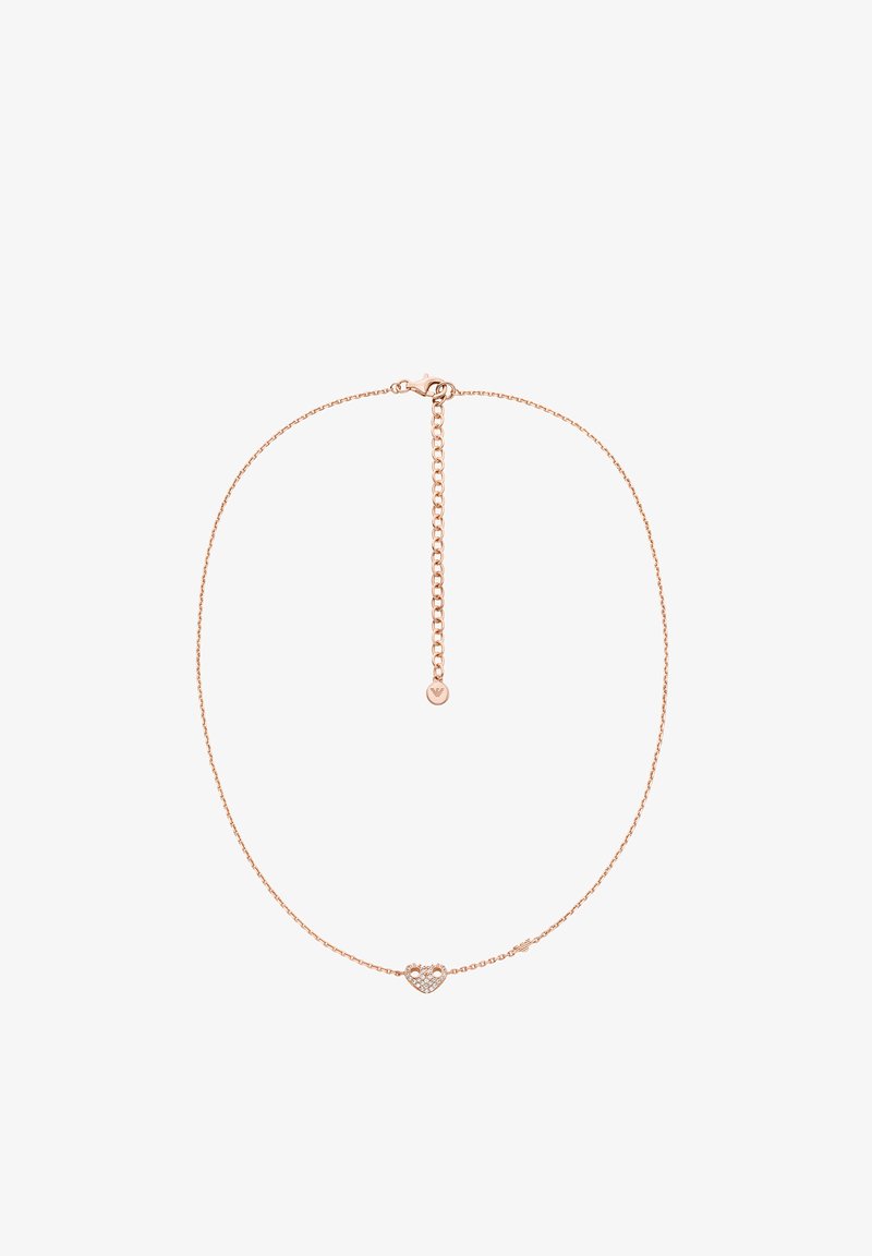 Rosenrød halskæde med en delikat kæde og et hjerteformet vedhæng, der har små indlejrede krystaller for ekstra detaljer. Justerbar lås.