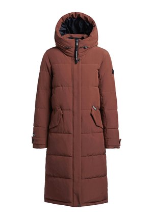 Brown long puffer coat with a hood, featuring zippered front, two side pockets, and a quilted pattern. Soft texture and warm insulation.